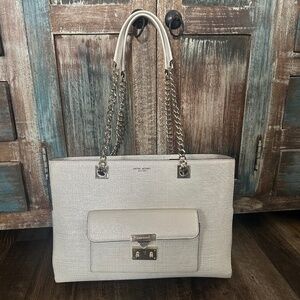 HENRI BENDEL CREAM COLORED WALDORF TOTE HANDBAG WITH CHAINS